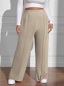 SHEIN EZwear Plus Size Casual Loose Solid Color Elastic Waist Wide Leg Pants,Back To School High Waist Pants - Camel - View 5