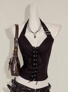 SHEIN ICON 女式夏季性感街头风格简约纯色系带露背背心秋季女装