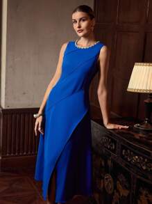 ZEYLAH Đầm Maxi Không Tay Cổ Tròn Trang Trí Dây Xích Thanh Lịch - Xanh đậm - Xem 1