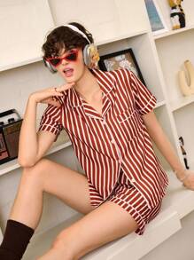 Chillnights Bộ đồ ngủ quần short tay ngắn kẻ sọc cho nữ - Đỏ - Xem 5
