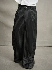 PAVTROS Manfinity Streetrush Streetrush Men's Casual Commute Striped Wide Leg Pants, Men Pinstripe Pants Men Wide Leg Pants Men Pleated Pants Men Baggy Pants Pinstripe Wide Leg Pants, Boy Friend Gifts, Streetwear Men, Fall - Black - View 4
