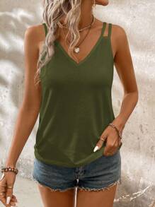 SHEIN LUNE Plain V-Neck Sleeveless Tank Top For Women, Versatile For Summer Green Tank Top Women Back To School - Army Green - View 5