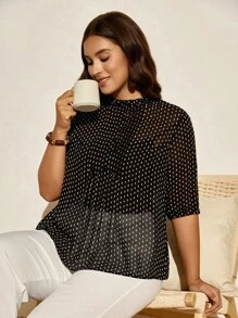 Nubod Áo cánh rộng in chấm bi thiết kế nút cho nữ cỡ lớn - màu đen - Xem 5