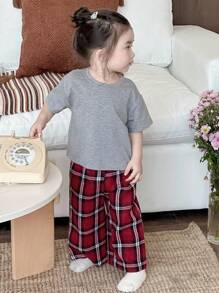 Dazy Kids 2pcs Toddler Girls' Casual Round Neck T-Shirt And Plaid Pants Set, Home Wear - Dark Grey - View 7