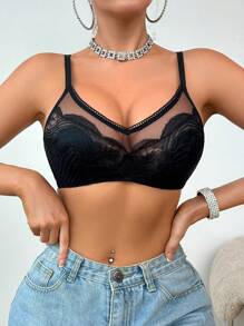 SHEIN 女士蕾丝拼接钢圈文胸 - 黑色 - 查看 3