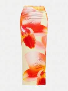 Girlism 2 件套少女黄色热带印花度假风格修身抹胸和长裙套装 - 黃色 - 查看 8