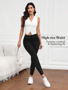 SHEIN PETITE Quần legging jean bó sát dệt kim dành cho nữ cỡ nhỏ - màu đen - Xem 3