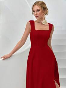 CLARA VERO 女士纯色梭织春夏季度假装长款衬衫裙系带低 V 腰侧开衩蓬蓬裙 - 紅色 - 查看 3