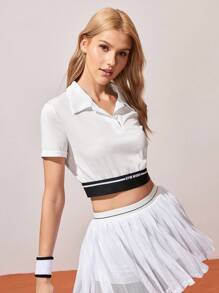 CourtClass Áo thun Polo thể thao dành cho nữ mùa xuân/hè, viền áo màu tương phản và họa tiết sọc in khẩu hiệu thể thao, cổ bẻ cài nút, tay ngắn lửng, thích hợp mặc thường ngày, chạy bộ, chơi tennis, chơi golf, tập gym - trắng - Xem 4