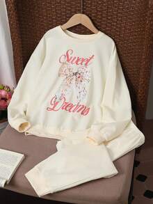 Conjunto de sudadera de manga larga con estampado de letras y lazos y pantalones de puño acanalado para niña pequeña y preadolescente, ropa de dormir, moda de regreso a la escuela