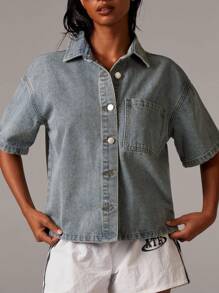 Athîral 女士水洗牛仔短袖外套，复古风，商务休闲女装，教师款，老钱风格，秋季服饰 - 淺色水洗藍 - 查看 5