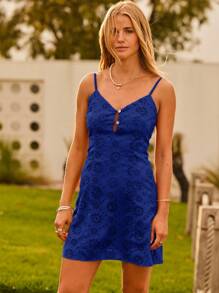 Aralina 波西米亚风刺绣英式刺绣粉色纽扣细节细肩带夏季迷你连衣裙 - 寶藍色 - 查看 5