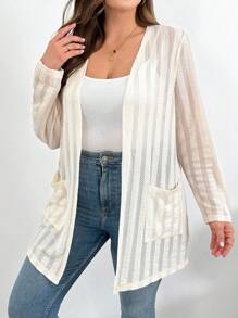 SHEIN Essnce 大码女装春夏时尚休闲宽松舒适日常透视纹理面料杏色长袖开衫外套，秋季女装，外出上衣，女士早午餐装，简约风格 - 杏色 - 查看 1