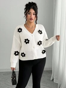 Elenzga Áo len cardigan tay dài cổ chữ V họa tiết hoa Pháp cỡ lớn màu trắng, ngọt ngào và sang trọng, mùa xuân/thu - trắng - Xem 4