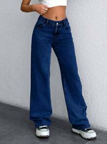 EURMUSE 100% Cotton Low Waist Snow Wash Wide Leg Jeans - Dark Wash - View 5