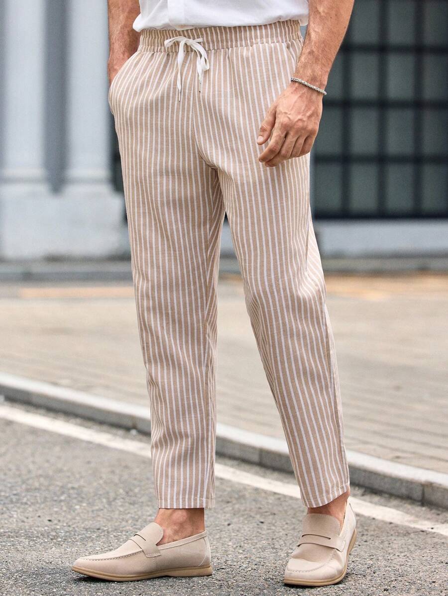 Manfinity VCAY 男士休闲梭织条纹松紧腰七分裤男条纹亚麻裤男条纹裤男夏季裤子男亚麻长裤细条纹裤男亚麻裤男夏季裤子男长裤 - 杏色 - 查看 1