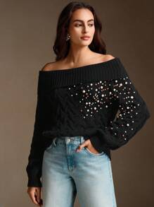 Anewsta Jersey de punto elegante con adornos de perlas, estilo francés para mujer - Negro - Ver 4