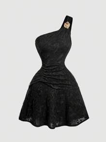 SHEIN MOD Knitted Jacquard Dress With Metallic Flower Decor, Asymmetric Shoulder And Ruffle Hemline - Black - View 1