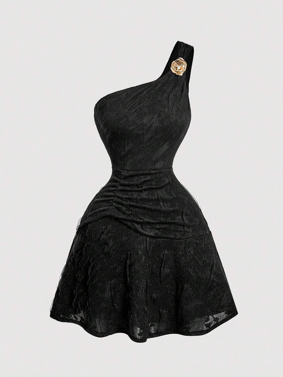 SHEIN MOD Knitted Jacquard Dress With Metallic Flower Decor, Asymmetric Shoulder And Ruffle Hemline - Black - View 1