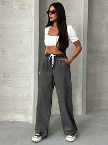 EURMUSE Casual Washed Drawstring Waist Straight Leg Jeans - Dark Grey - View 4