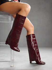 CUCCOO SZL Stylish Chunky Heel Over-The-Knee Women Boots With Stone Pattern For Christmas - Burgundy - View 6