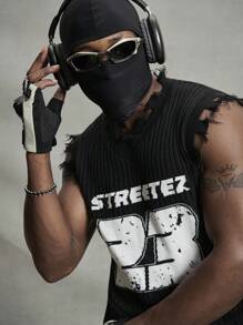 PAVTROS Manfinity Streetrush Men's Casual Street Stylish Number & Letter Graphic Raw Edge Knitted Vest, Summer Back To School - Black - View 3