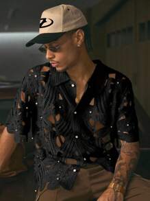 AXEPEAK Men's Summer Fashionable Solid Color Hollow-Out Knit Top