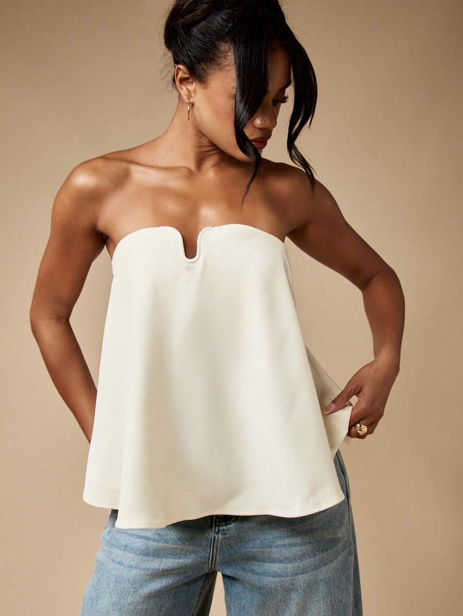 MISSGUIDED Strapless Bandeau Top Sweetheart Neckline Elegant Draped A-Line Design Evening Party Club Night Out Sleeveless Dressy Summer Spring Top - Apricot - View 1