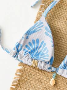 Swim Mod Plus Size Women's Starfish & Shell Print Triangle Halter Bikini Top For Summer Beach Vacation - Multicolor - View 8