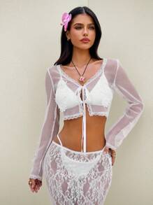 Bonvoyette 女式夏季性感海滩度假前结花卉贴花透明网眼罩衫和服