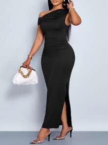 SOLERSUN Women's Plus Size Spring Summer Solid Color Simple Daily Date Elegant Party Asymmetric Oblique-Shoulder Tight-Fitting Long Dress - Black - View 1