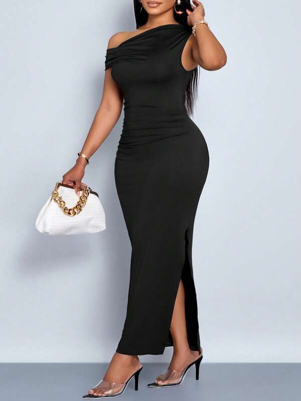 Maweii Women's Plus Size Spring Summer Solid Color Simple Daily Date Elegant Party Asymmetric Oblique-Shoulder Tight-Fitting Long Dress