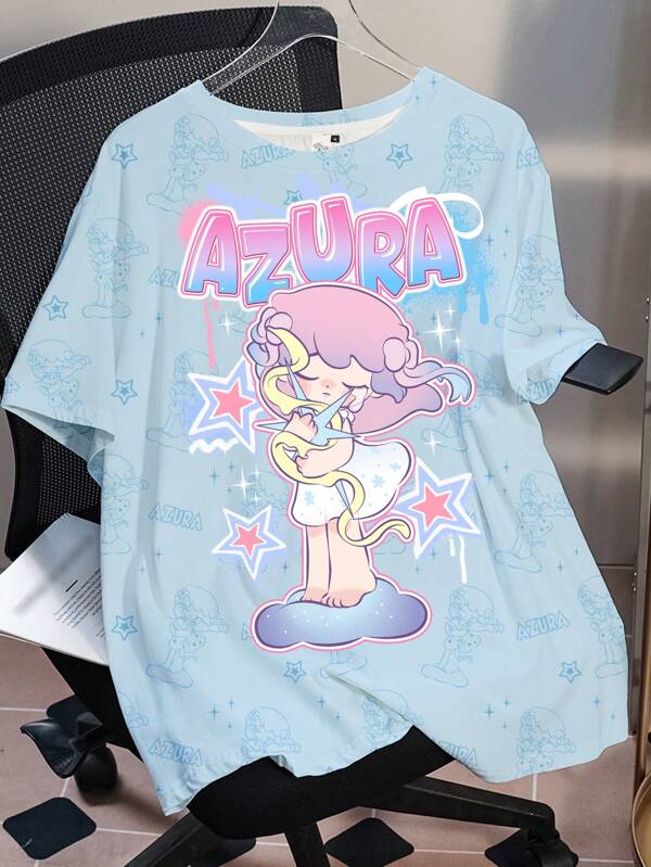 Pop Mart Azura X SHEIN Plus Size Cartoon Pattern Blue Round Neck Short Sleeve T-Shirt Fall Women Clothes School Clothes Y2k,Y2k Clothes Y2k Tops Y2k Clothes Women Street Wear Street Wear Women Vintage  Clothes Women Graphic Tees Graphic Tees Women Graphic Tee Graphic Women Tees