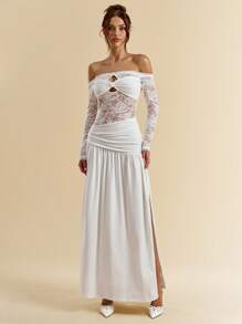 SHEIN BAE Women's White Long Sleeve One Shoulder Lace Patchwork Knit Top With High Split Dress - White - View 2