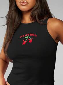 Missguided x Playboy Y2K 美学樱桃印花罗纹背心无袖夏季短款上衣工字背心经典休闲背心春季街头服饰 - 黑色 - 查看 6