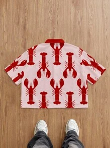 Manfinity Joysei Camisa de manga corta con estampado de langosta roja minimalista y casual para hombre, adecuada para vacaciones de verano, a juego en pareja