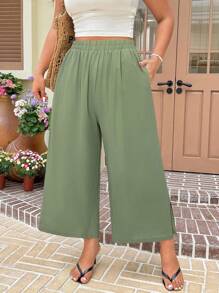 SHEIN EZwear Plus Size Mint Green Casual Loose Straight Leg Cropped Pants,Business Casual Woman, Split Hem Pants, High Waisted Pants, Wide Leg Pants, Summer Pants