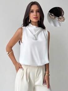 Firerie Bộ đồ liền thân rộng rãi không tay, cổ vai bất đối xứng, điểm nhấn kim loại, tối giản, thanh lịch, thời trang đi làm hàng ngày dành cho nữ, màu trắng, đa năng, trang phục công sở, trang phục sân bay, trang phục du lịch sân bay, trang phục đi chơi, toàn màu trắng - trắng - Xem 3