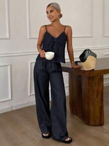 DAZY Women's Summer Flounce Strap Top And Wide-Leg Jeans 2-Piece Set - Dark Wash - View 5