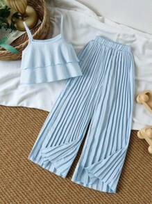 SHEIN Vintaside Kids Tween Girl Ruffle Hem Cami Top & Pleated Wide Leg Pants - Baby Blue - View 1