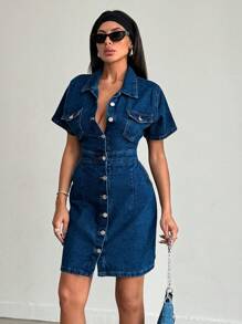 EURMUSE Summer Fashion Front Button Denim Dress - Teal Blue - View 4