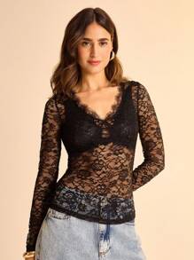 CAJUNI Women's Vacation Casual Black Lace Long Sleeve Tight Blouse, Lace Trim Splice At Chest - Black - View 3