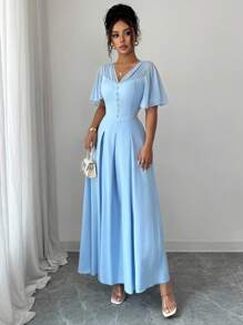 Elenzga Nuevo vestido casual y ligero de mujer con cuello en V de gasa, manga con volantes, botones al frente y dobladillo plisado, adecuado para ir al trabajo, citas, vacaciones y uso diario versátil, con efecto estilizador de la cintura y elegante