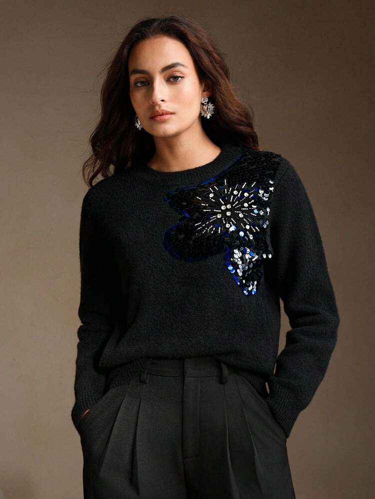 Elegant Chic Autumn/Winter Sweater With Embroidered Sequin & Rhinestone Floral Decor, Round Neck