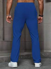 Manfinity Homme 男士抽绳腰口袋休闲裤，经典长款皇家蓝色纯色梭织面料裤子，适合商务风格的男士百搭男士蓝色运动裤，男士抽绳裤，男士运动裤，皇家蓝色裤子，男士直筒运动裤，秋季 - 寶藍色 - 查看 2