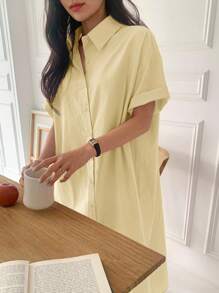 DAZY 女士宽松中长款短袖衬衫裙/长款连衣裙 - 米色 - 查看 7