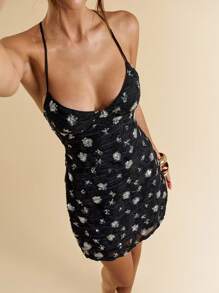 SHEIN BAE Váy mini resort màu xanh lá cây jacquard sequin hở lưng mùa hè dành cho nữ - màu đen - Xem 7