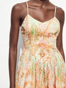 Maija 女士优雅扎染镂空刺绣吊带裙，夏季夏季连衣裙中长款太阳裙长款太阳裙长款花园派对连衣裙度假服夏季连衣裙女士橙色连衣裙女士服装露肩连衣裙花朵连衣裙 Fairycore 婚礼宾客礼服女士优雅生日礼服女士生日服装波西米亚风女装波西米亚风女装露肩飘逸连衣裙 - 黃色 - 查看 7