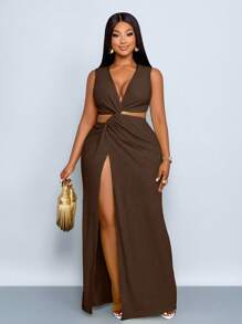 SOLERSUN Váy dài gợi cảm mùa xuân và mùa hè vải kết cấu màu trơn cỡ lớn cho nữ, eo khoét sâu, xẻ cao, kỳ nghỉ ở bãi biển - Cà phê nâu - Xem 5