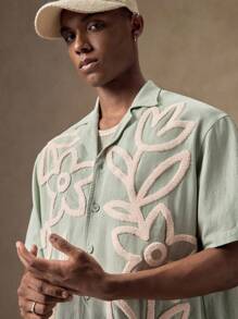 AKNOTIC Business Casual 男士浅绿色牛油果绿刺绣花卉图案梭织休闲短袖宽松衬衫，适合年轻人、男朋友、老师、户外旅行和礼物 - 灰綠 - 查看 3